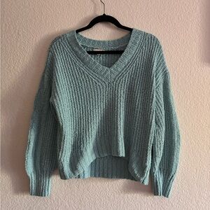 SO Blue V-Neck Sweater with Ribbed Knit Texture